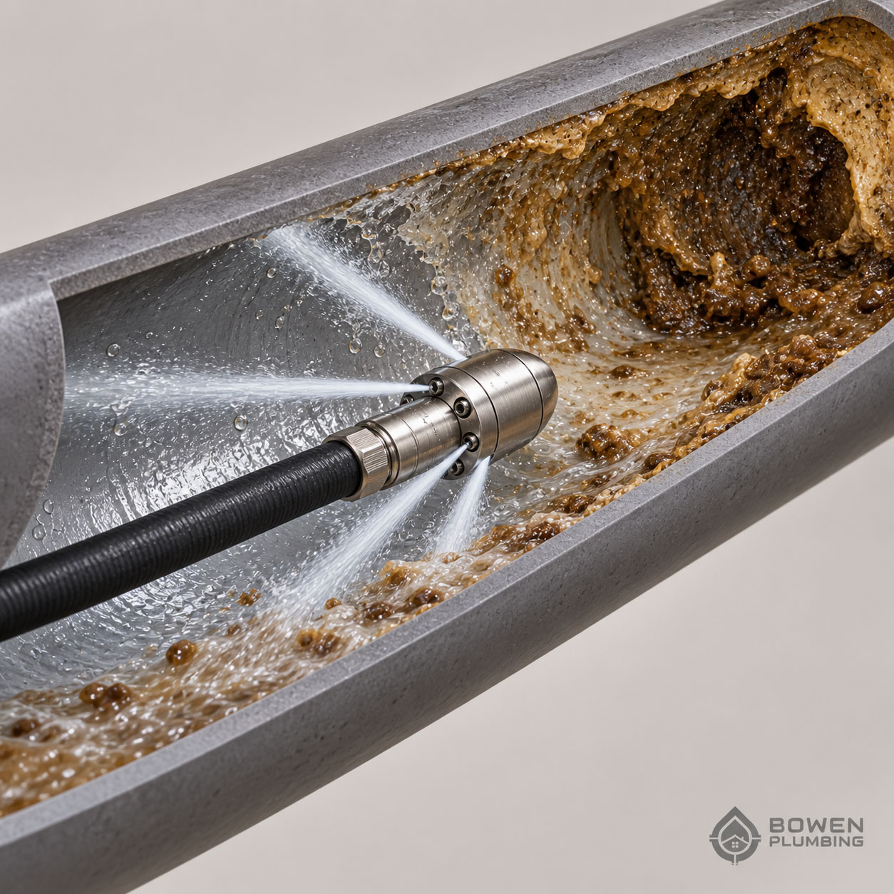 Cutaway illustration of hydro jetting removing grease and sludge buildup from inside a drainpipe.