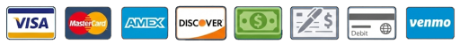 Accepted payment methods: Visa, MasterCard, American Express, Discover, Cash, Check, Debit, and Venmo